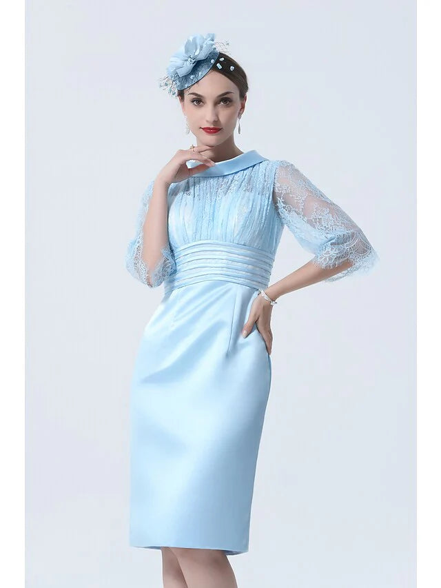 Wholesale Mother of the Bride Dress See Through Jewel Neck Knee Length Charmeuse Half Sleeve with Lace Sash Ribbon