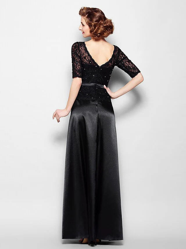 Wholesale Mother of the Bride Dress Elegant V Neck Floor Length Lace Stretch Satin Half Sleeve with Lace Sash Ribbon Bow(s)