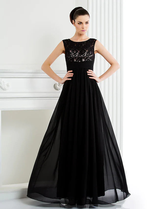 Wholesale A-Line Mother of the Bride Dress Scoop Neck Floor Length Chiffon Lace Sleeveless with Lace