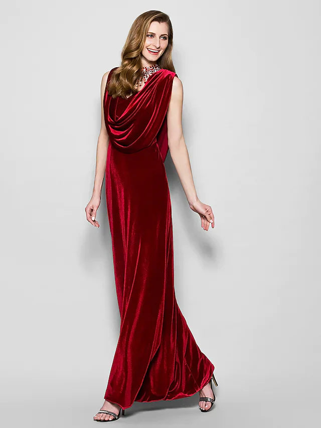 Wholesale Mother of the Bride Dress Cowl Neck Floor Length Velvet Sleeveless with Crystals Beading