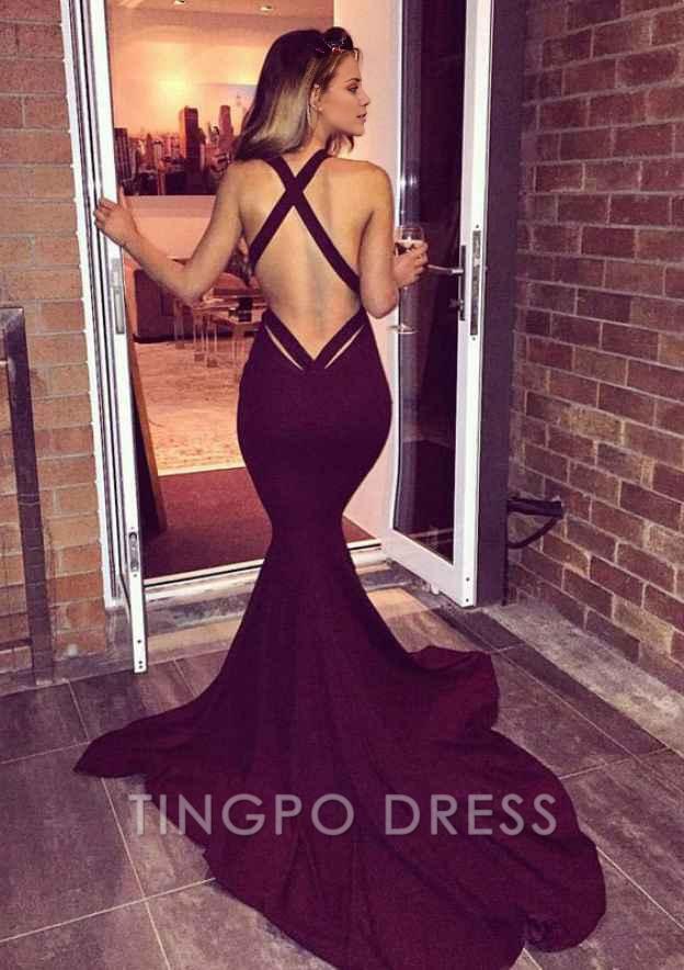 TingPo Wholesale Elastic Satin Court Train Trumpet/Mermaid Sleeveless V-Neck Zipper Prom Dress