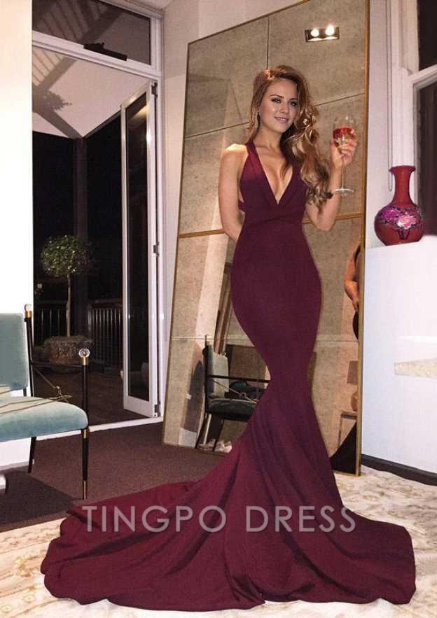 TingPo Wholesale Elastic Satin Court Train Trumpet/Mermaid Sleeveless V-Neck Zipper Prom Dress