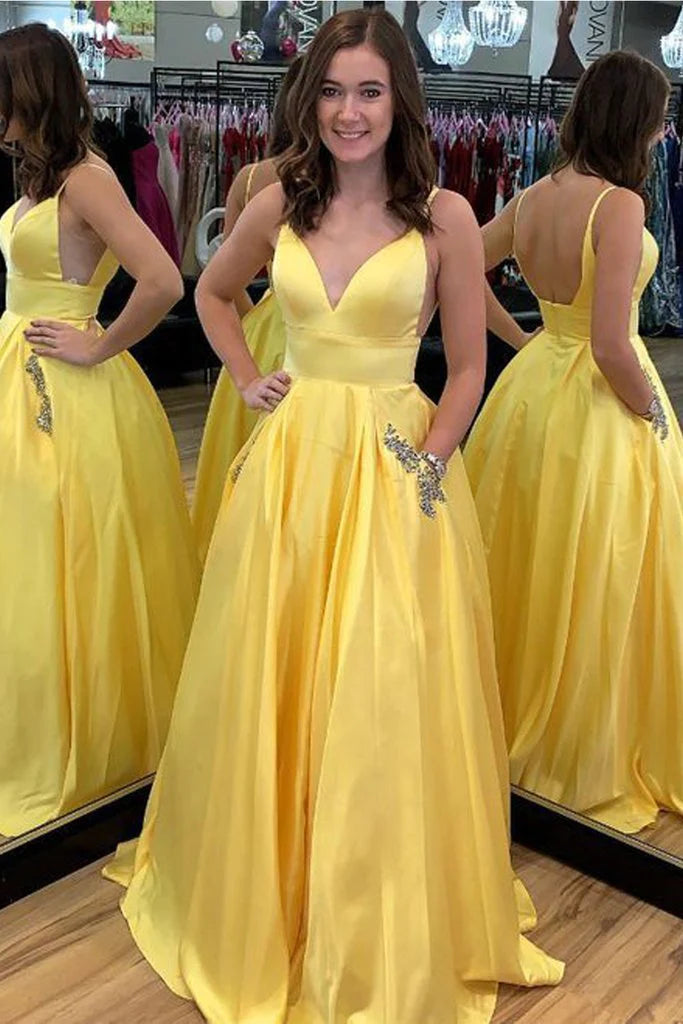 Wholesale Elegant Yellow Spaghetti Straps A Line Satin V Neck Prom Dresses With Beads Pockets