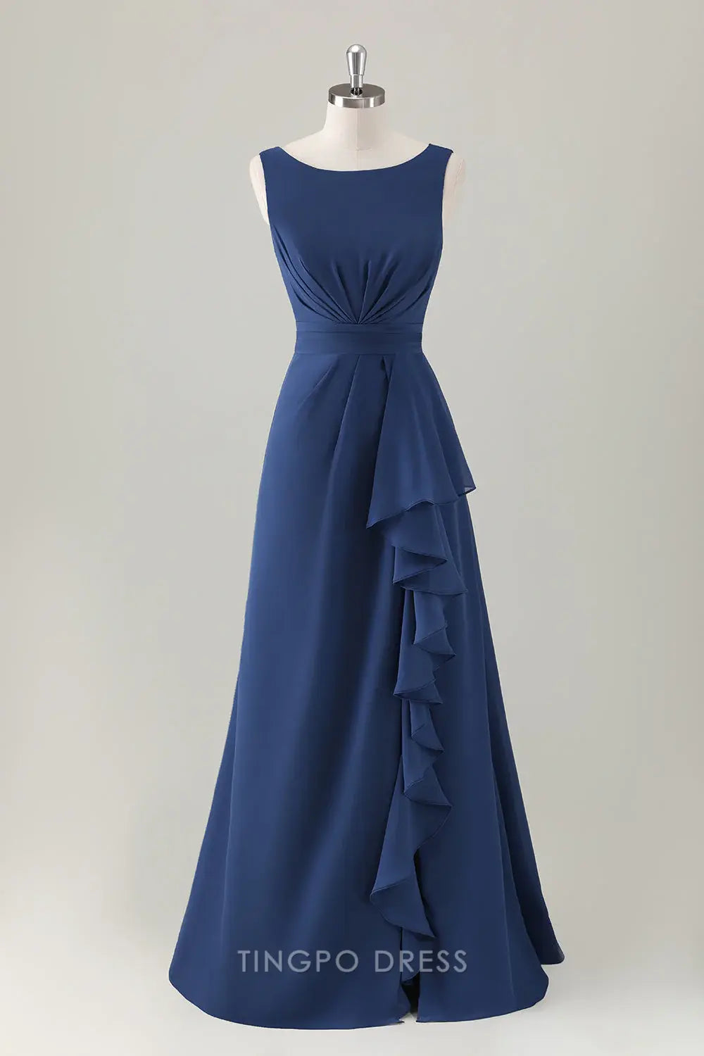 Elegant A-Line Boat Neck Ruffled Side Slit Floor-Length Maxi Dress Prom Dress