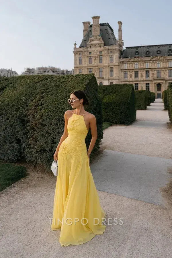 Elegant A-Line Halter Neck Floral Appliqué Chiffon A-Line Floor-Length Maxi Dress Prom Dress