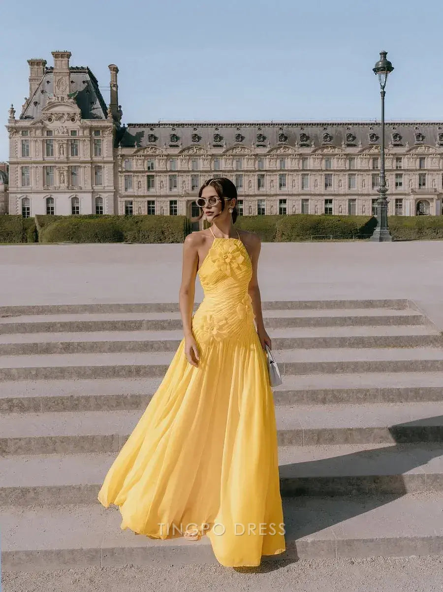 Elegant A-Line Halter Neck Floral Appliqué Chiffon A-Line Floor-Length Maxi Dress Prom Dress