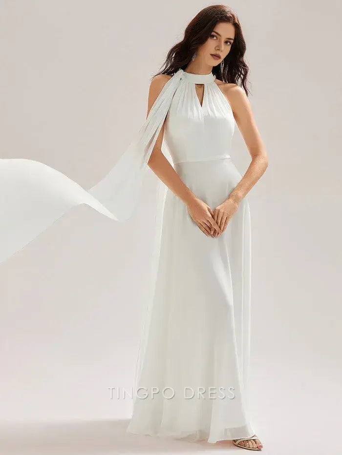 Elegant A-Line Halter Neck Maxi Dress with Flowing Drape Detail Prom Dress