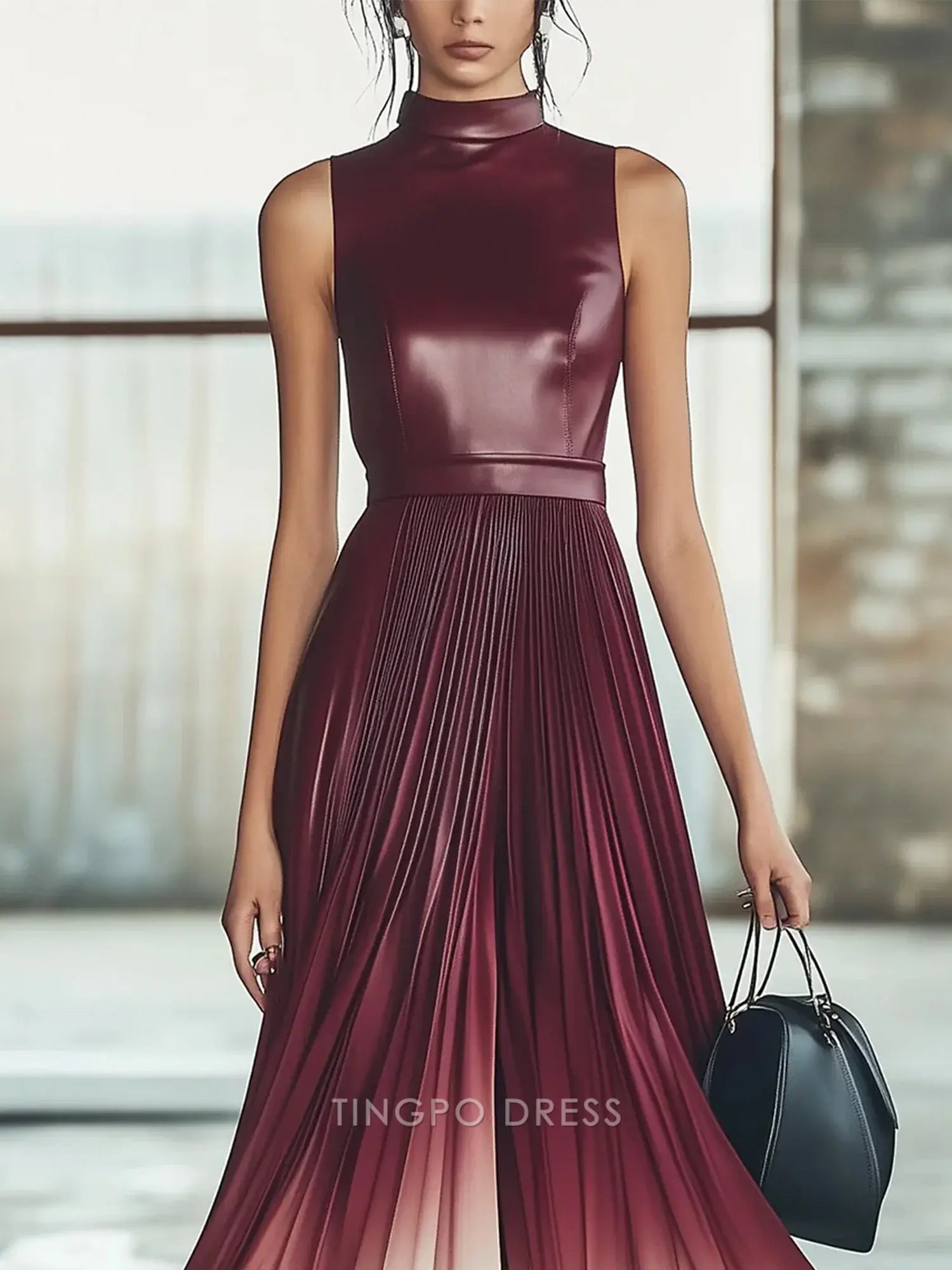 Elegant A-Line High Neck Sleeveless Ombre Pleated Ankle-Length Maxi Dress Prom Dress