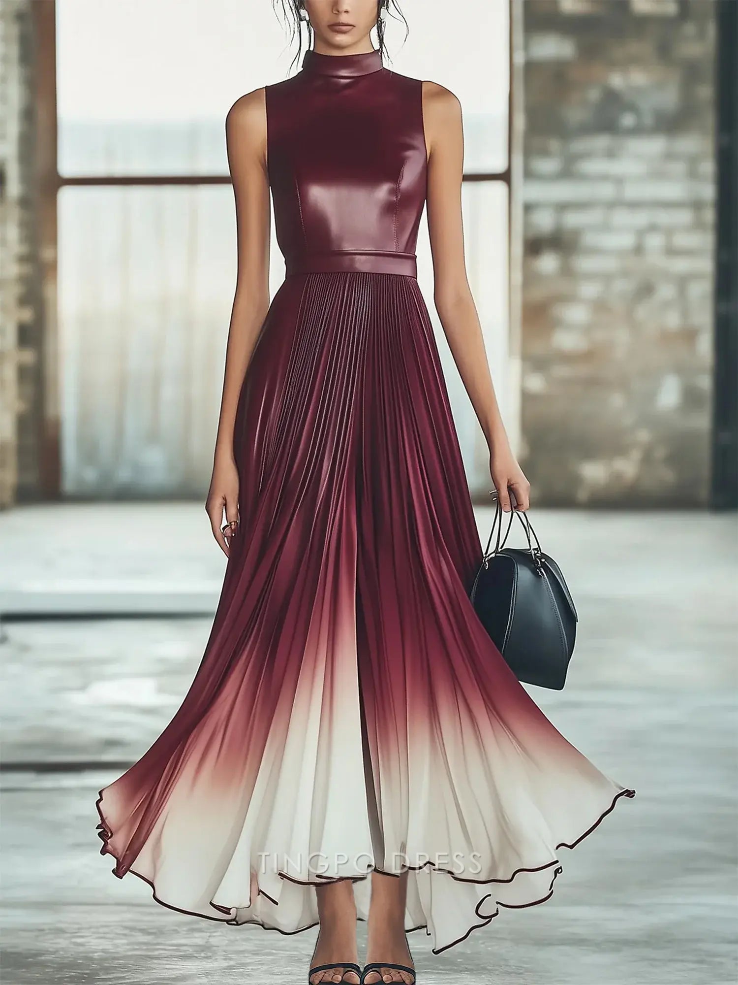Elegant A-Line High Neck Sleeveless Ombre Pleated Ankle-Length Maxi Dress Prom Dress