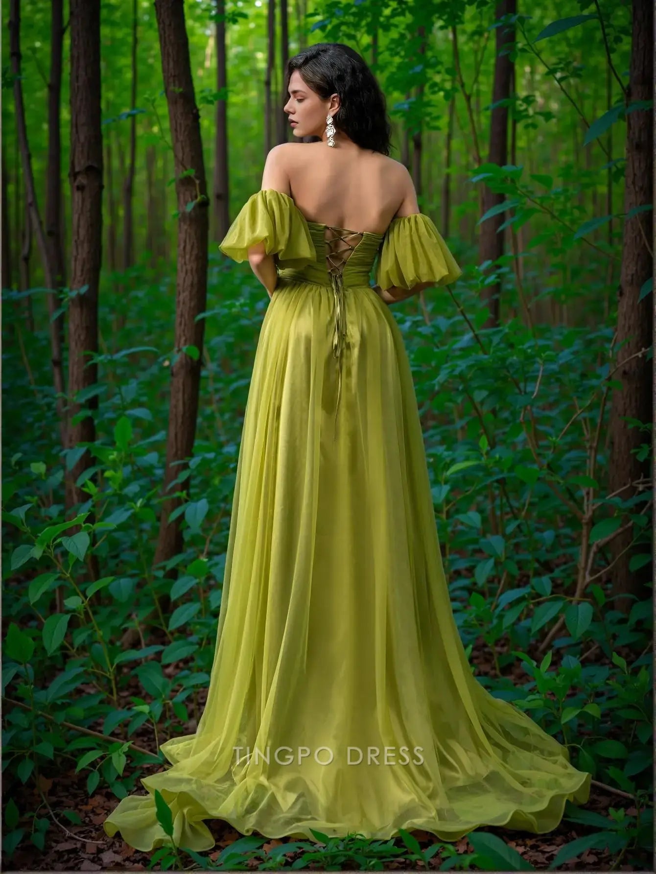 Elegant A-Line Off - Shoulder Puff Sleeve Lace - Up Back Chiffon Maxi Dress Prom Dress