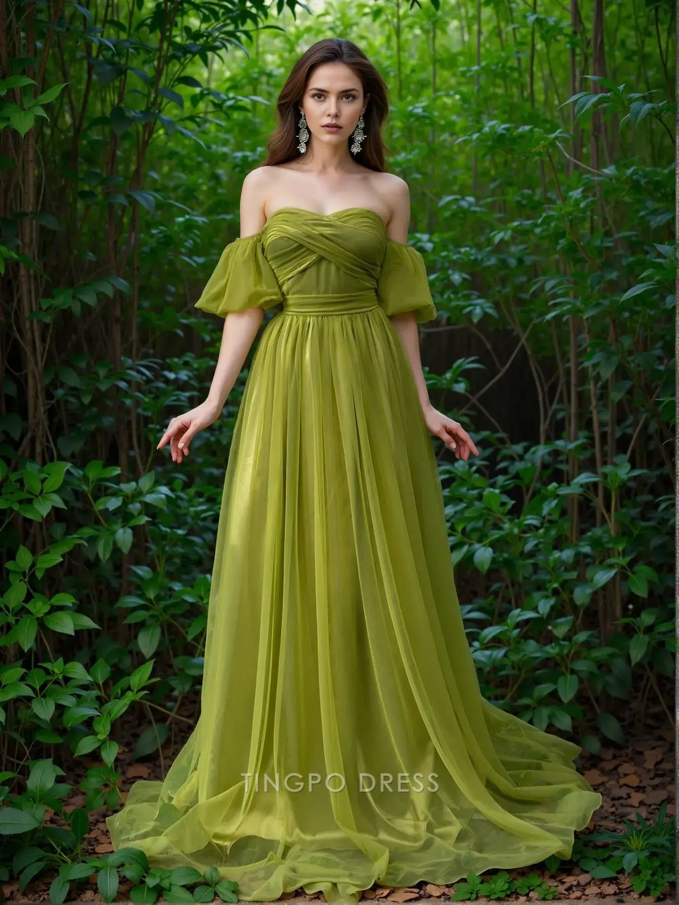 Elegant A-Line Off - Shoulder Puff Sleeve Lace - Up Back Chiffon Maxi Dress Prom Dress