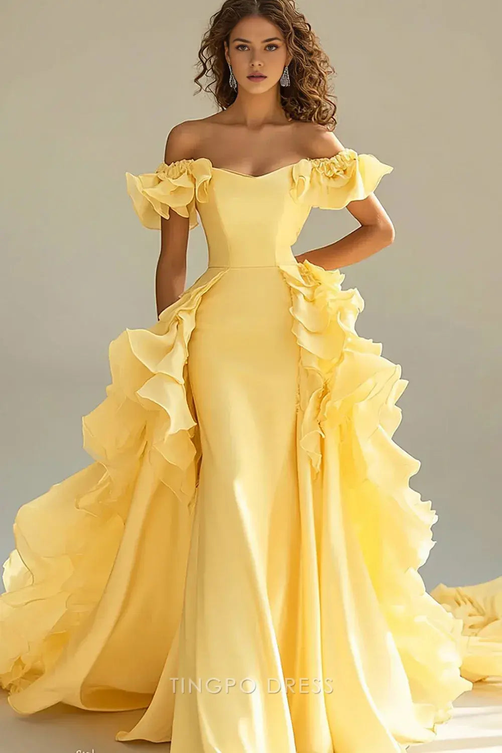 Elegant A-Line Off - Shoulder Ruffle Detail Mermaid Sweep/Brush Train Maxi Dress Prom Dress
