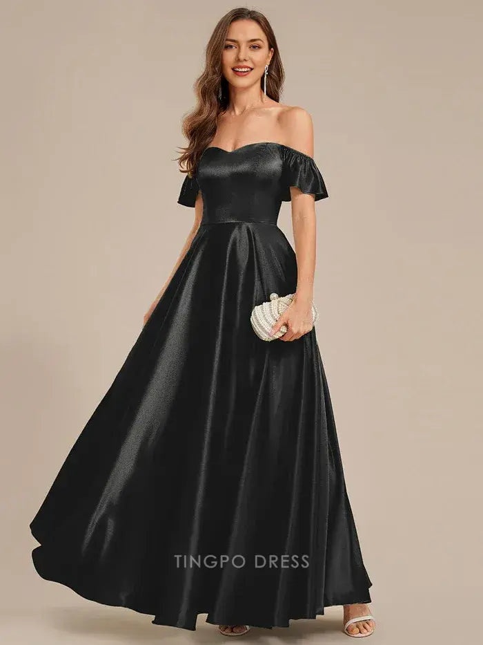 Elegant A-Line Off - Shoulder Ruffled Satin Ankle-Length Maxi Dress Prom Dress