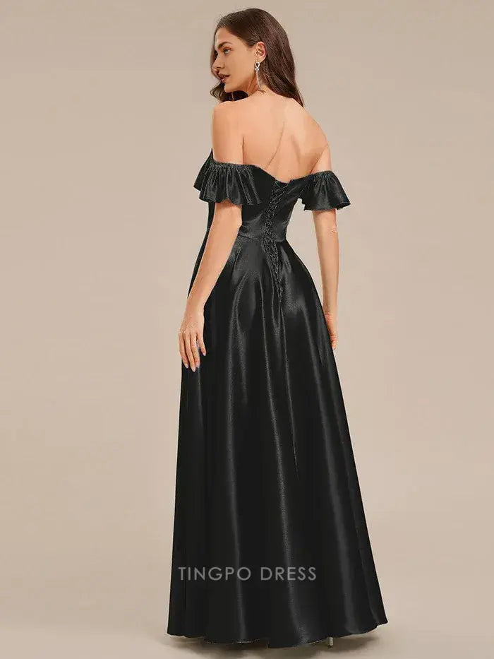 Elegant A-Line Off - Shoulder Ruffled Satin Ankle-Length Maxi Dress Prom Dress