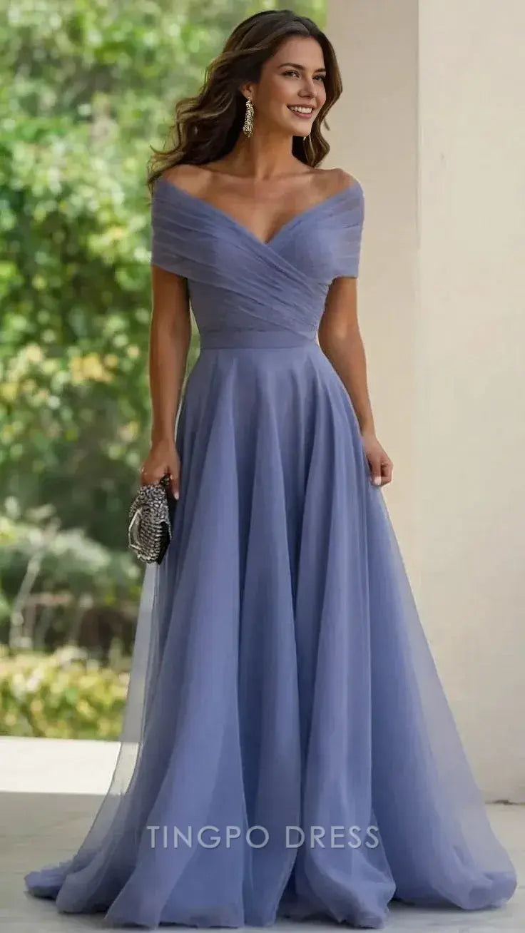 Elegant A-Line Off-Shoulder Tulle Maxi Dress with Cross-Front Detail Prom Dress