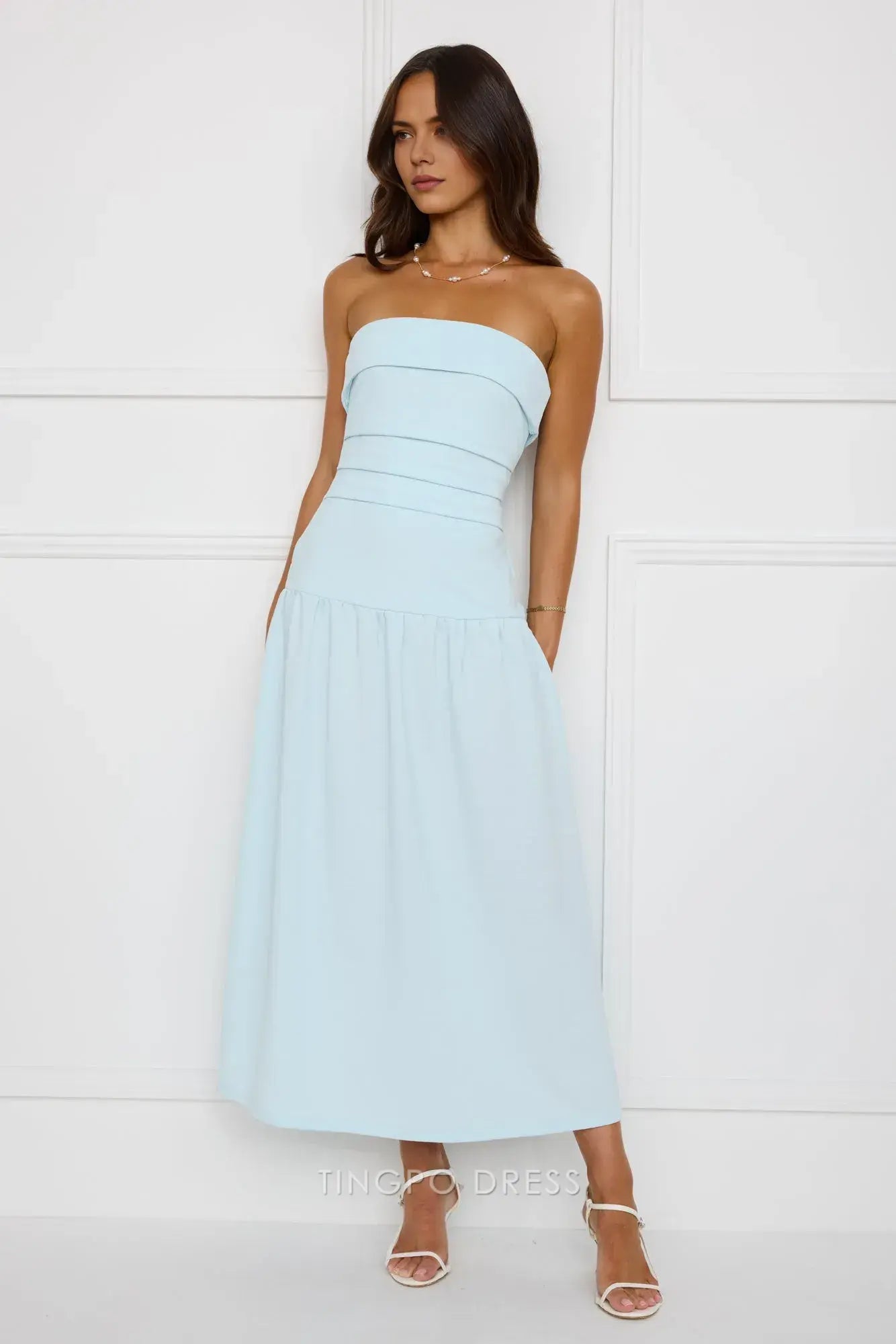 Elegant A-Line Off the Shoulder Strapless Light Blue Midi Dress Prom Dress