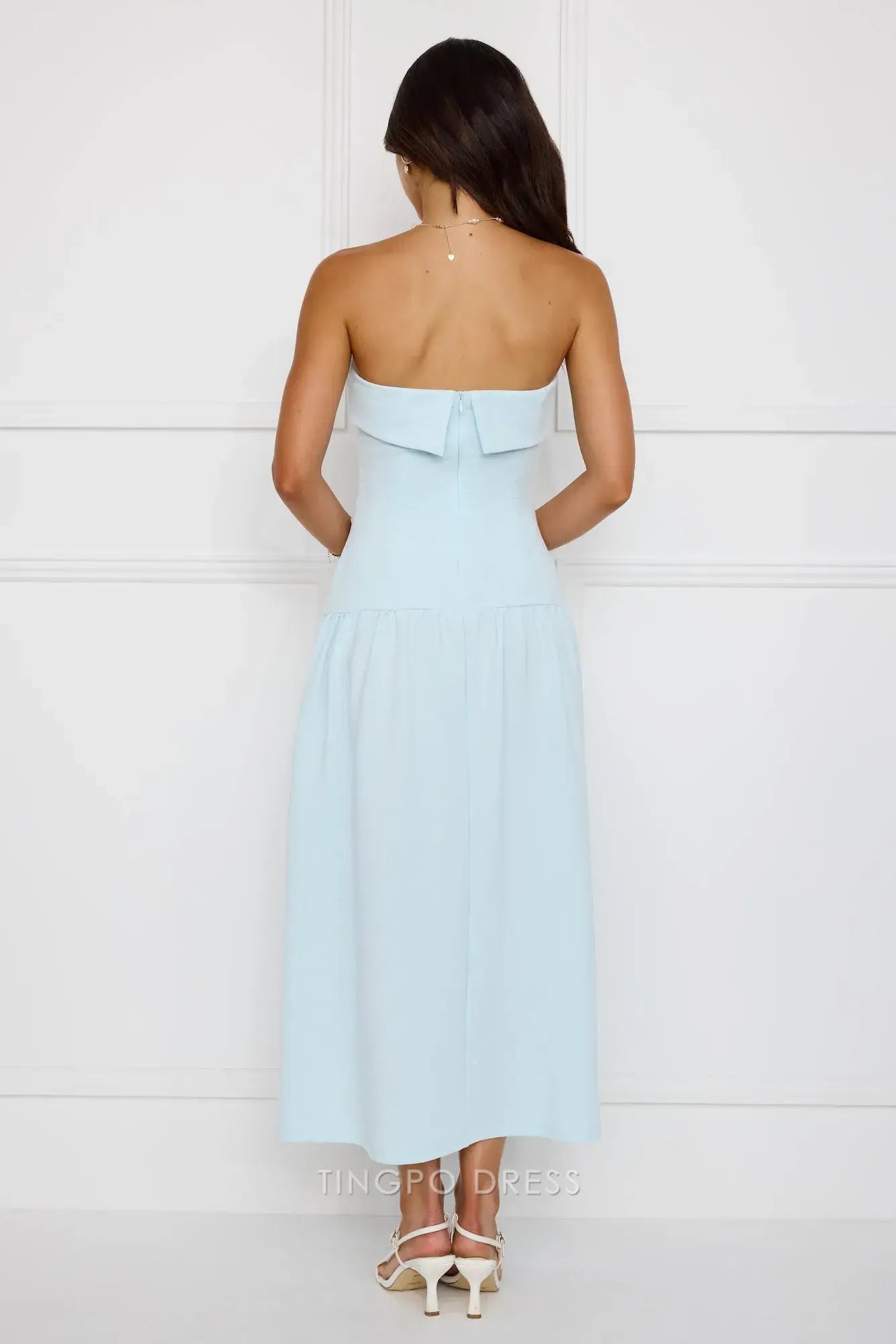 Elegant A-Line Off the Shoulder Strapless Light Blue Midi Dress Prom Dress