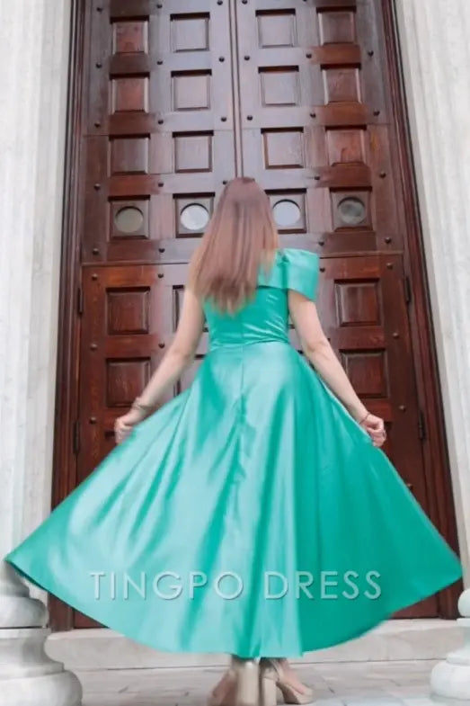 Elegant A-Line One - Shoulder Bow Detail Satin Ankle-Length Maxi Dress Prom Dress