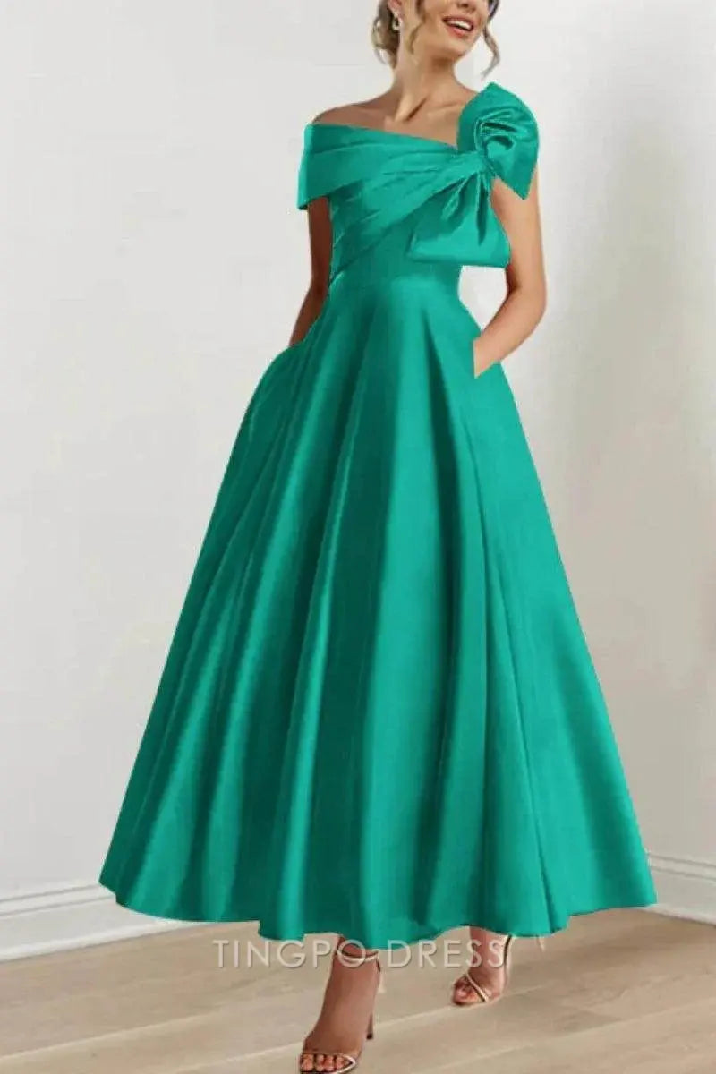 Elegant A-Line One - Shoulder Bow Detail Satin Ankle-Length Maxi Dress Prom Dress