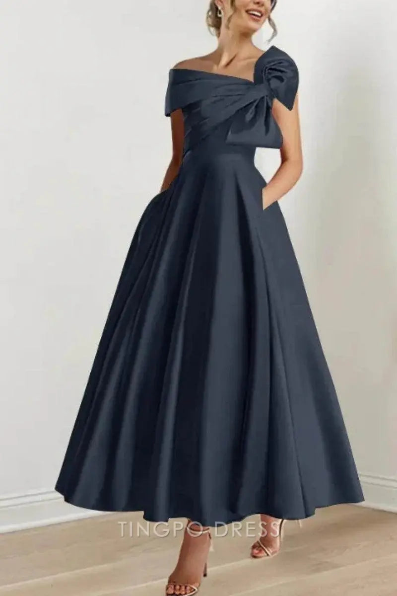 Elegant A-Line One - Shoulder Bow Detail Satin Ankle-Length Maxi Dress Prom Dress