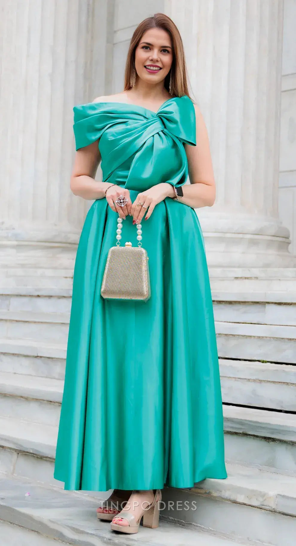 Elegant A-Line One - Shoulder Bow Detail Satin Ankle-Length Maxi Dress Prom Dress