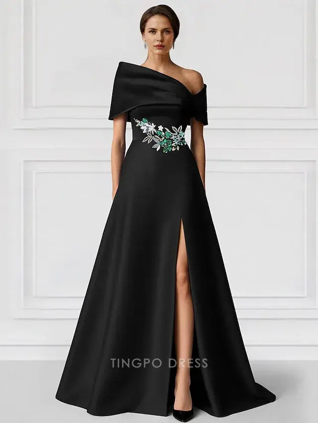 Elegant A-Line One - Shoulder Embellished High - Slit Floor-Length Maxi Dress Prom Dress