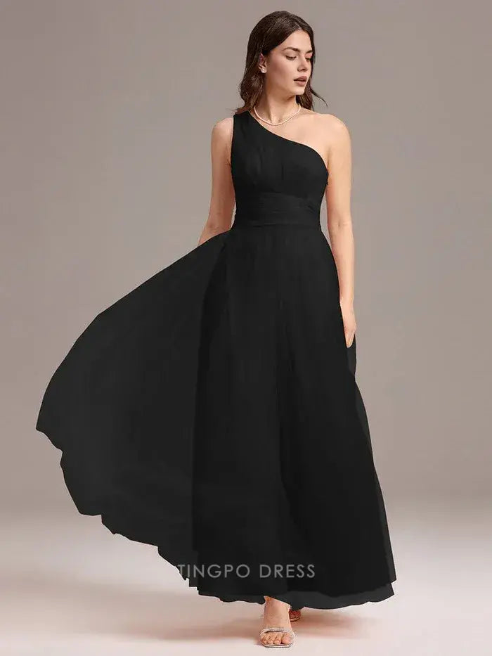 Elegant A-Line One - Shoulder Tulle Ankle-Length Maxi Dress Prom Dress