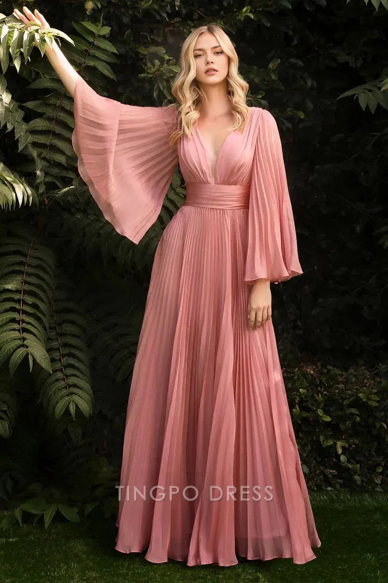 Elegant A-Line Plunging V - Neck Pleated Bell Sleeve Floor-Length Maxi Dress Prom Dress