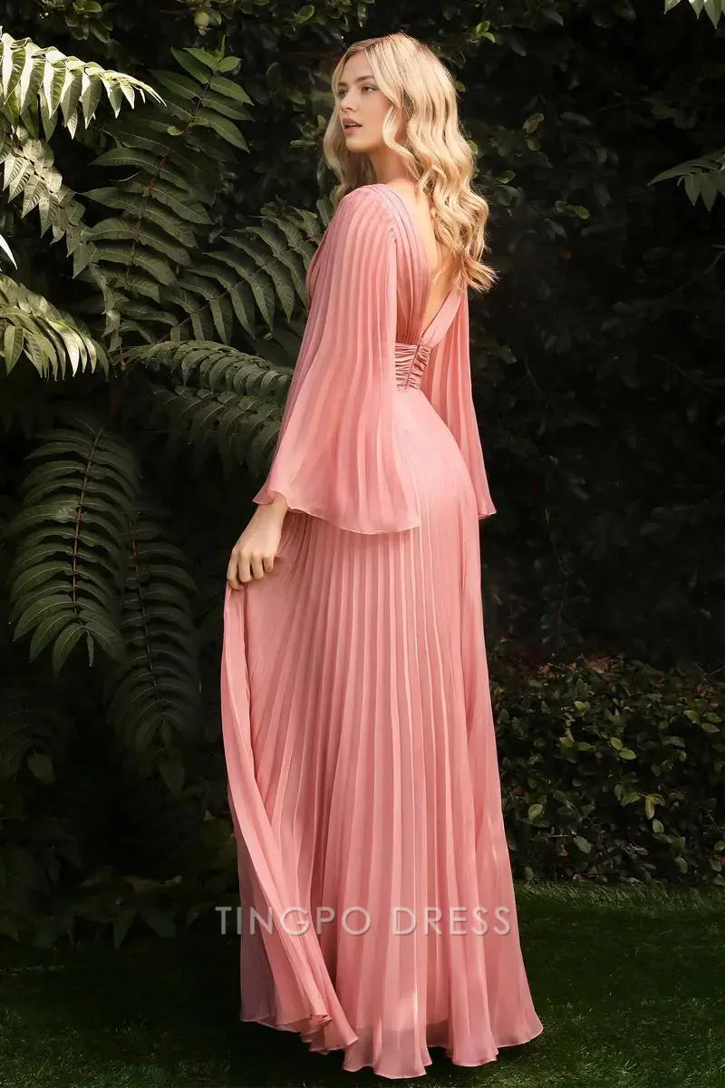 Elegant A-Line Plunging V - Neck Pleated Bell Sleeve Floor-Length Maxi Dress Prom Dress