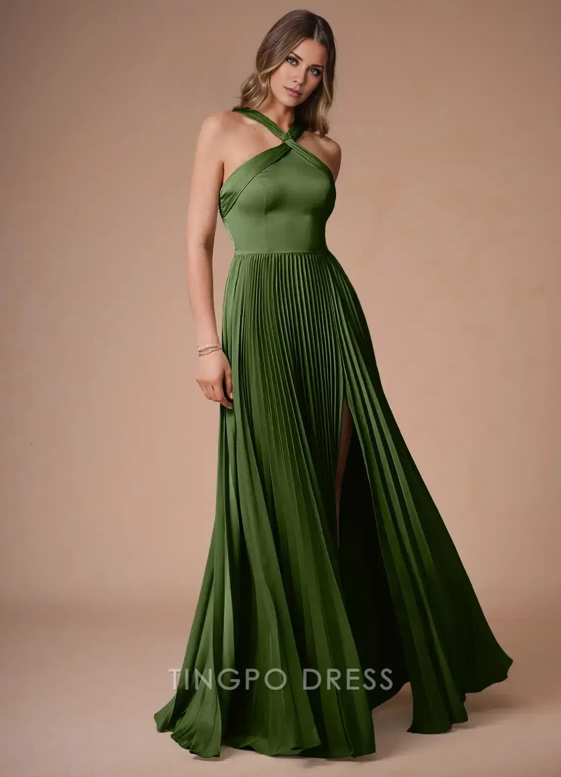 Elegant A-Line/Princes Crisscross Halter Neck Pleated High Slit Maxi Dress Prom Dress
