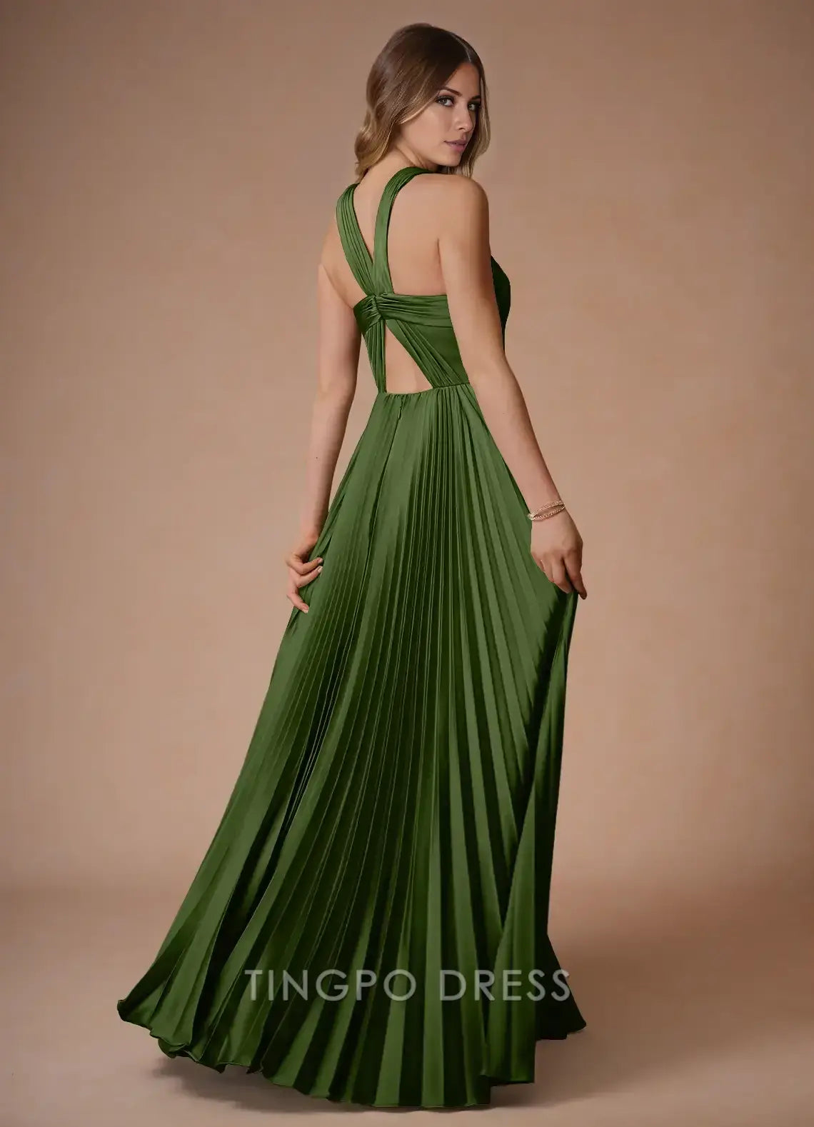 Elegant A-Line/Princes Crisscross Halter Neck Pleated High Slit Maxi Dress Prom Dress