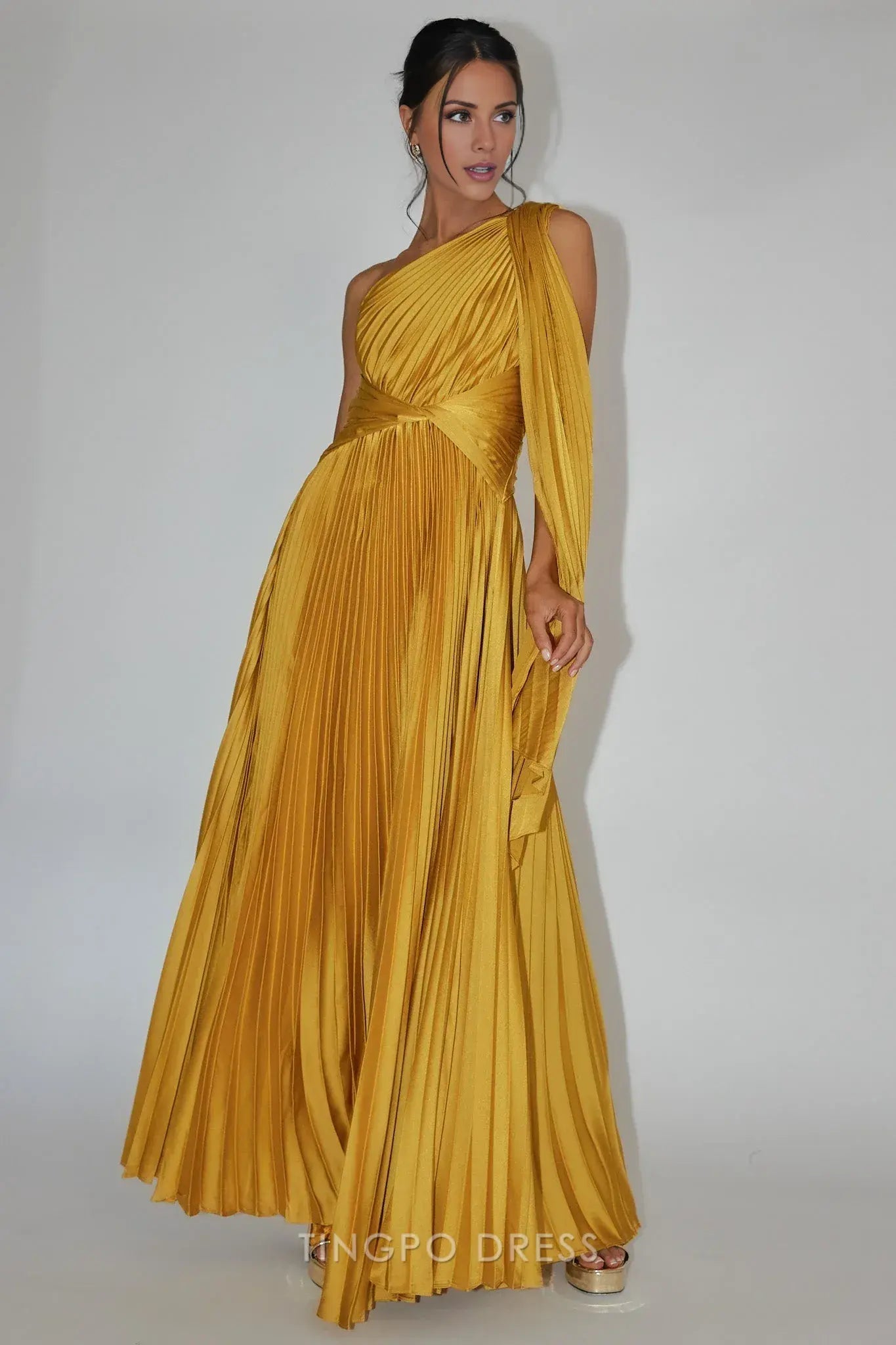 Elegant A-Line/Princes One-Shoulder Pleated Satin Floor-Length Maxi Dress Prom Dress