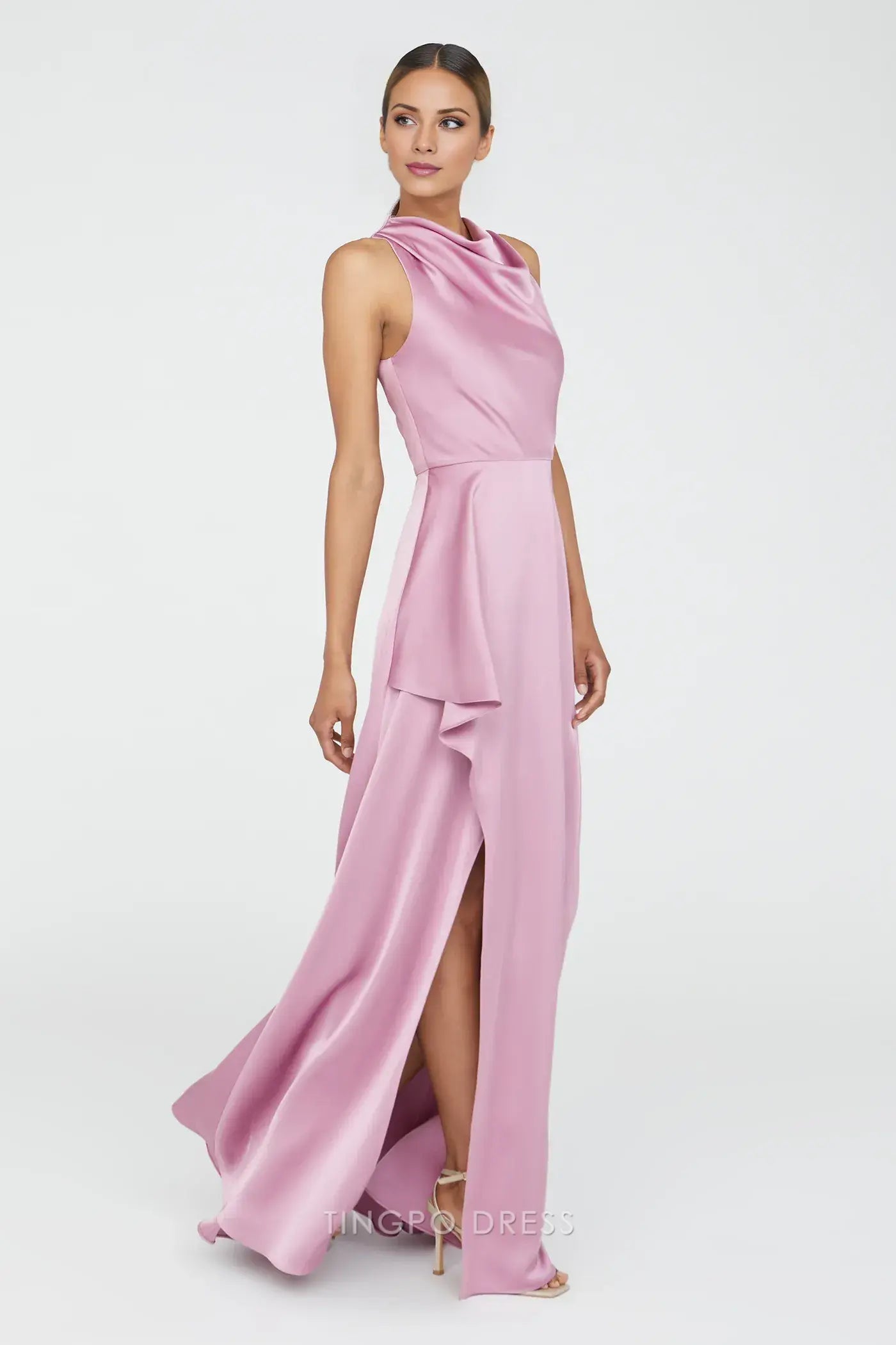 Elegant A-Line/Princess Cowl Neck Sleeveless Satin Floor-Length Solid Color Maxi Dress Prom Dress