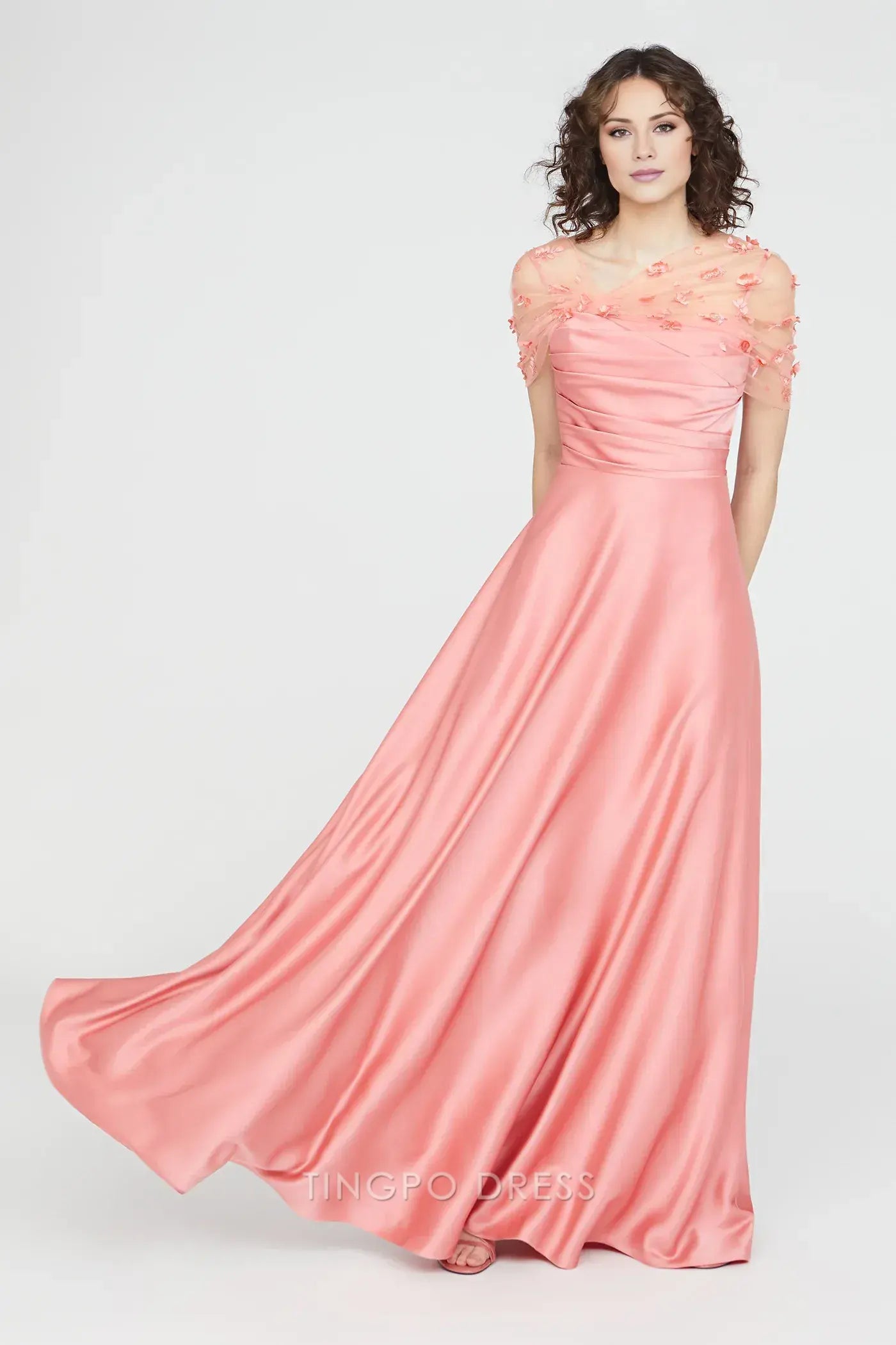 Elegant A-Line/Princess Illusion Floral Embellished Draped Satin Maxi Dress Prom Dress