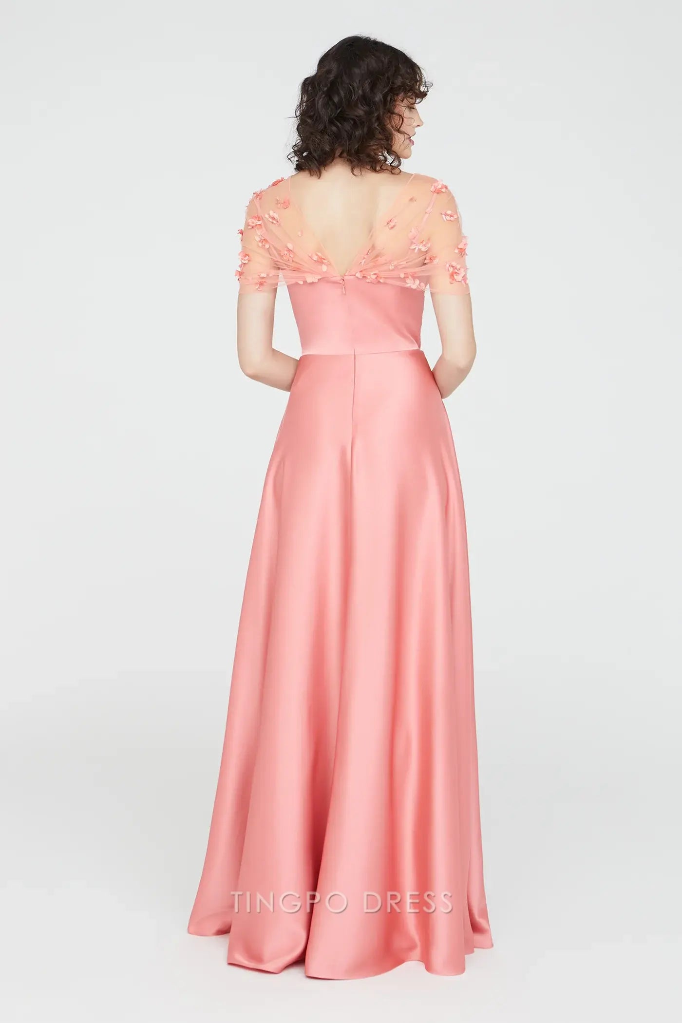 Elegant A-Line/Princess Illusion Floral Embellished Draped Satin Maxi Dress Prom Dress