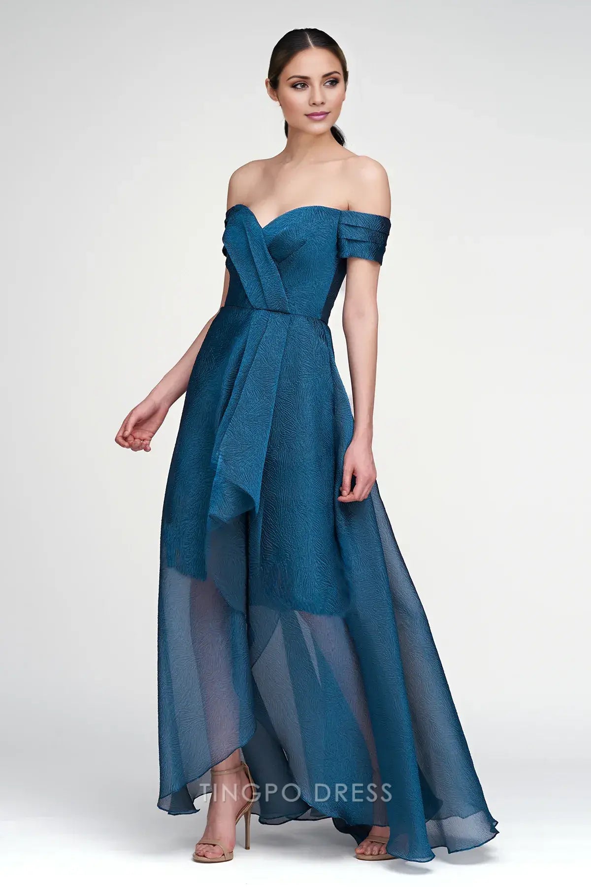 Elegant A-Line/Princess Off-Shoulder Draped Asymmetrical Organza Maxi Dress Prom Dress