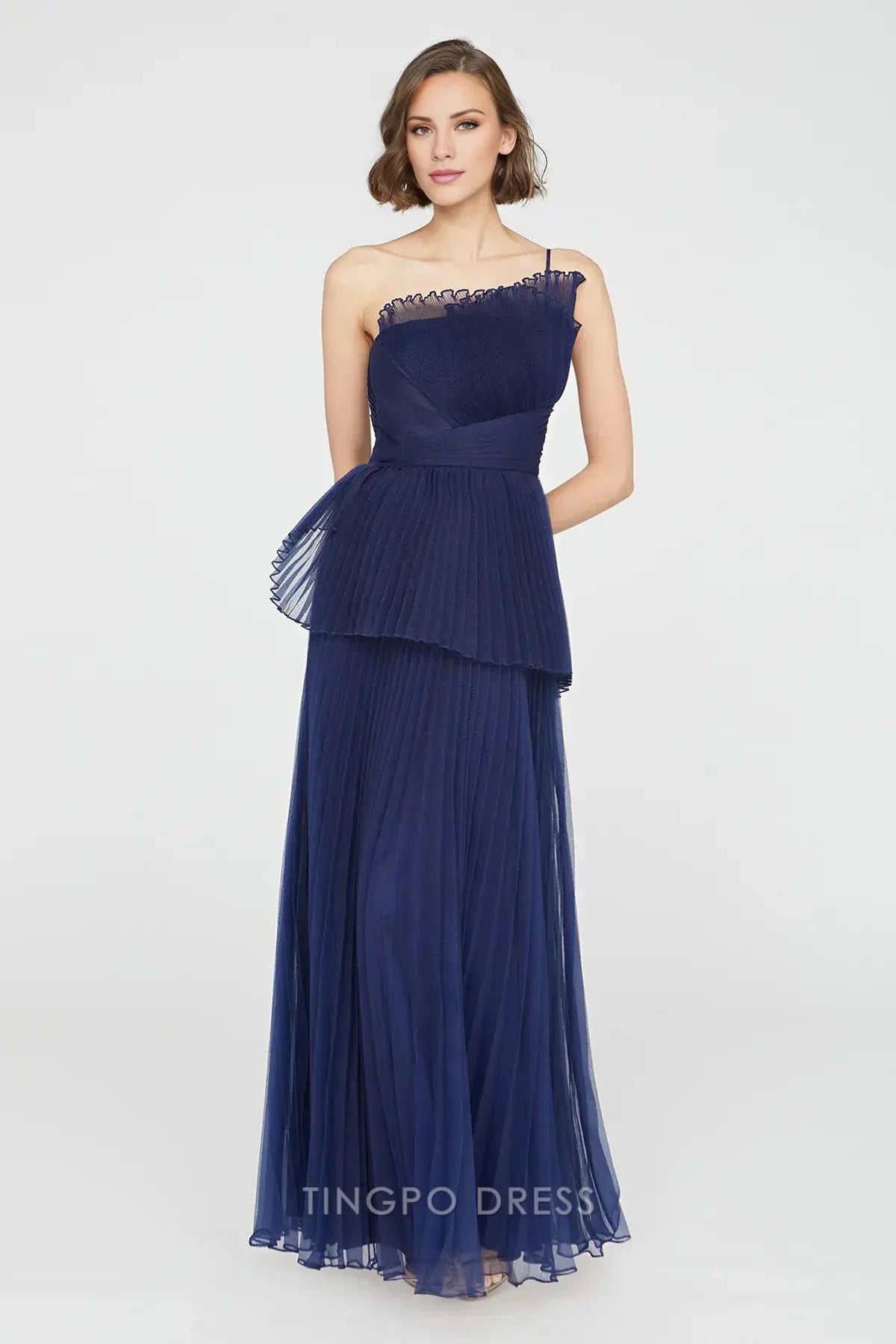 Elegant A-Line/Princess One-Shoulder Ruffled Pleated Tulle Maxi Dress Prom Dress