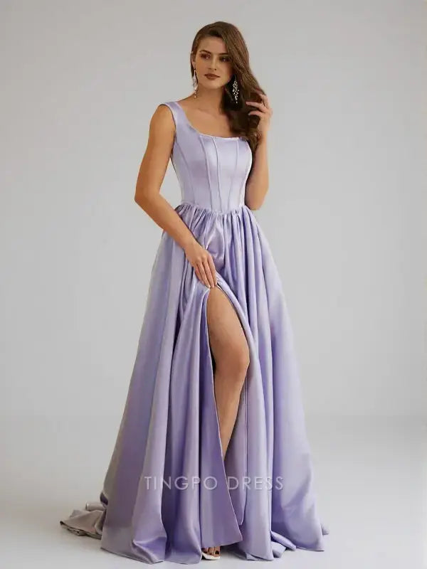 Elegant A-Line/Princess Satin Ruffles Straps Sleeveless Sweep/Brush Train Dresses Prom Dress