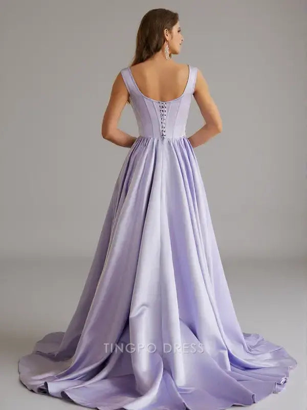 Elegant A-Line/Princess Satin Ruffles Straps Sleeveless Sweep/Brush Train Dresses Prom Dress