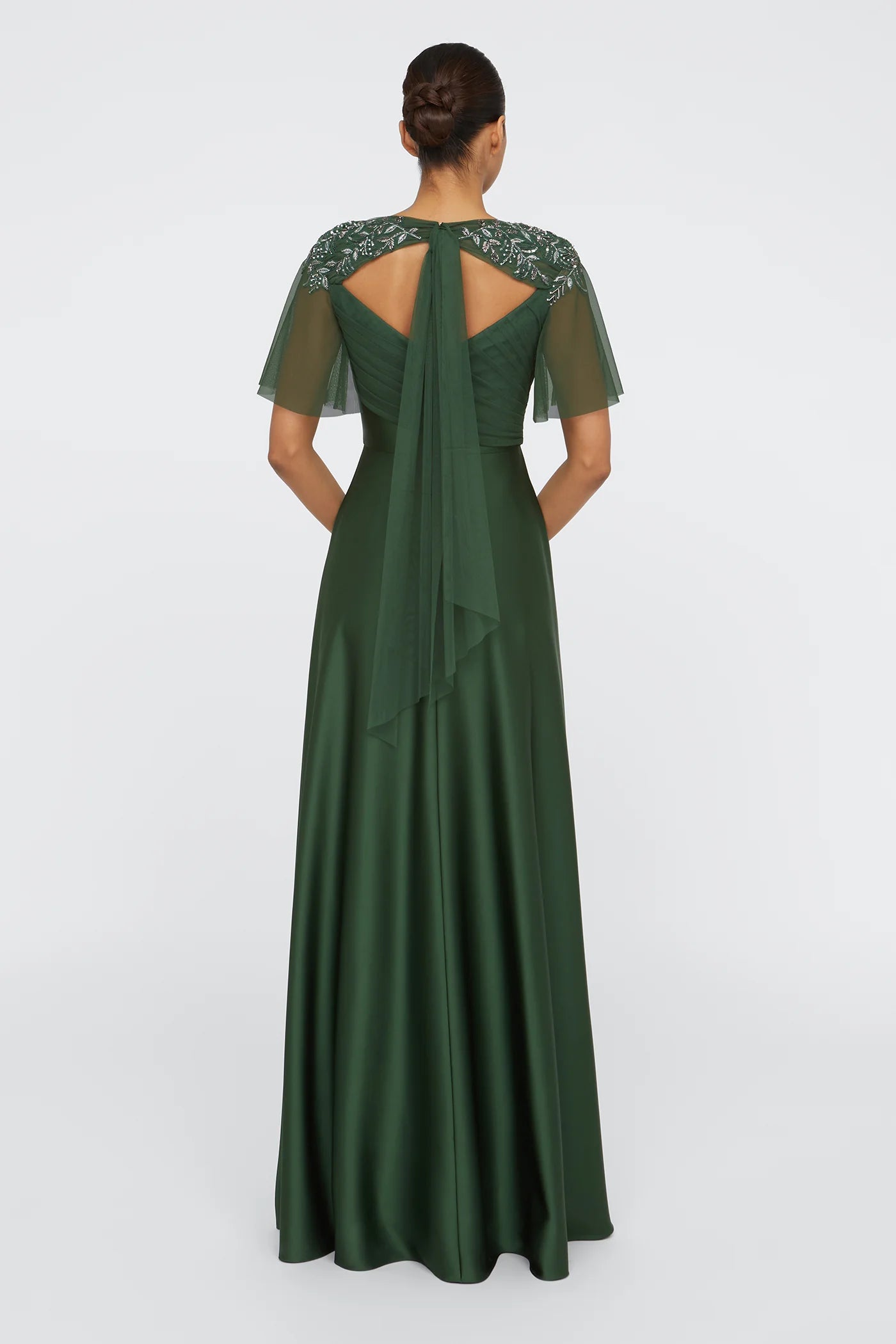 Elegant A-Line/Princess Short-Sleeve Embellished Mesh Overlay Satin Maxi Dress Prom Dress