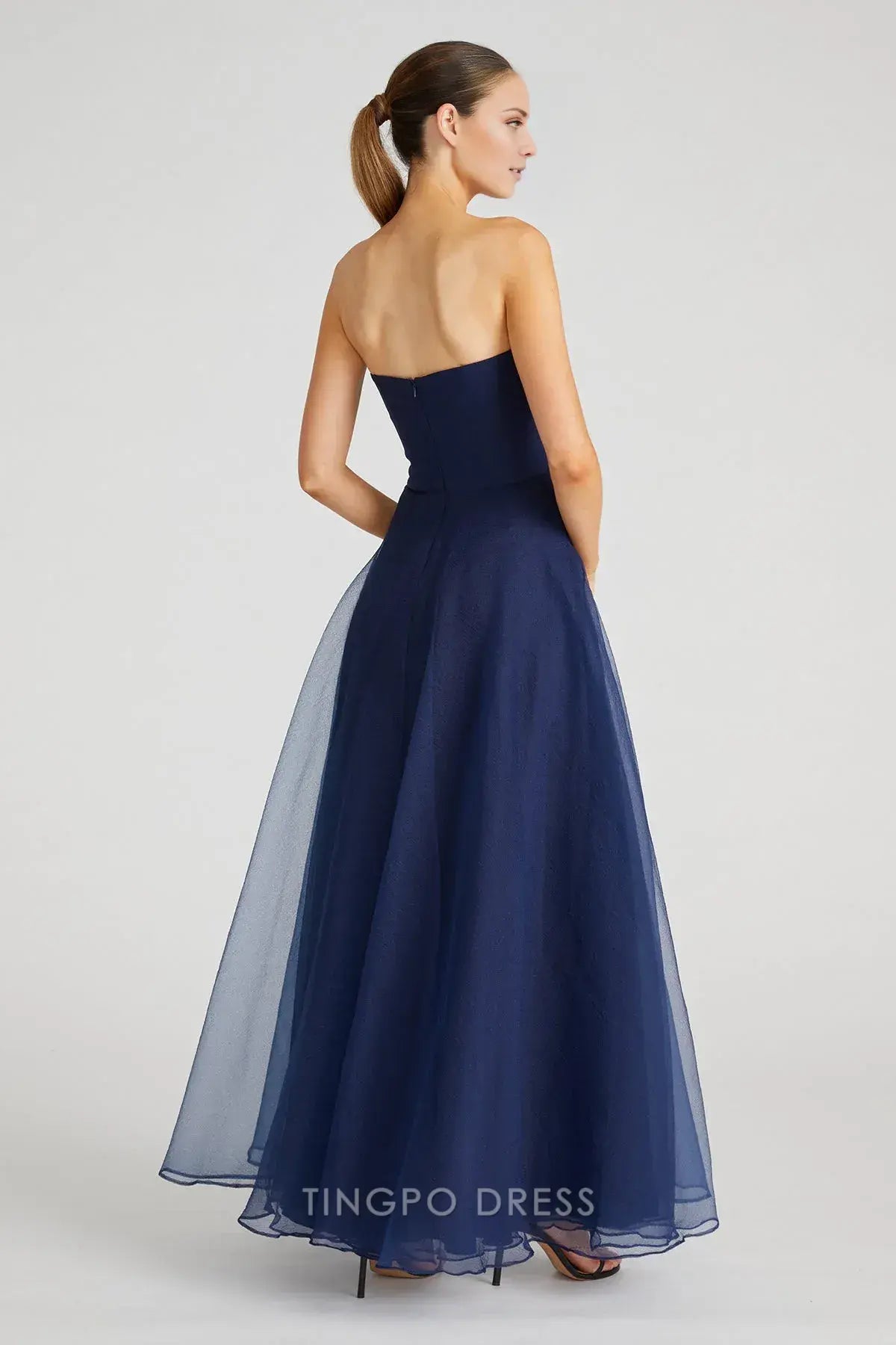 Elegant A-Line/Princess Strapless Draped Asymmetrical Ruffle Tulle Maxi Dress Prom Dress