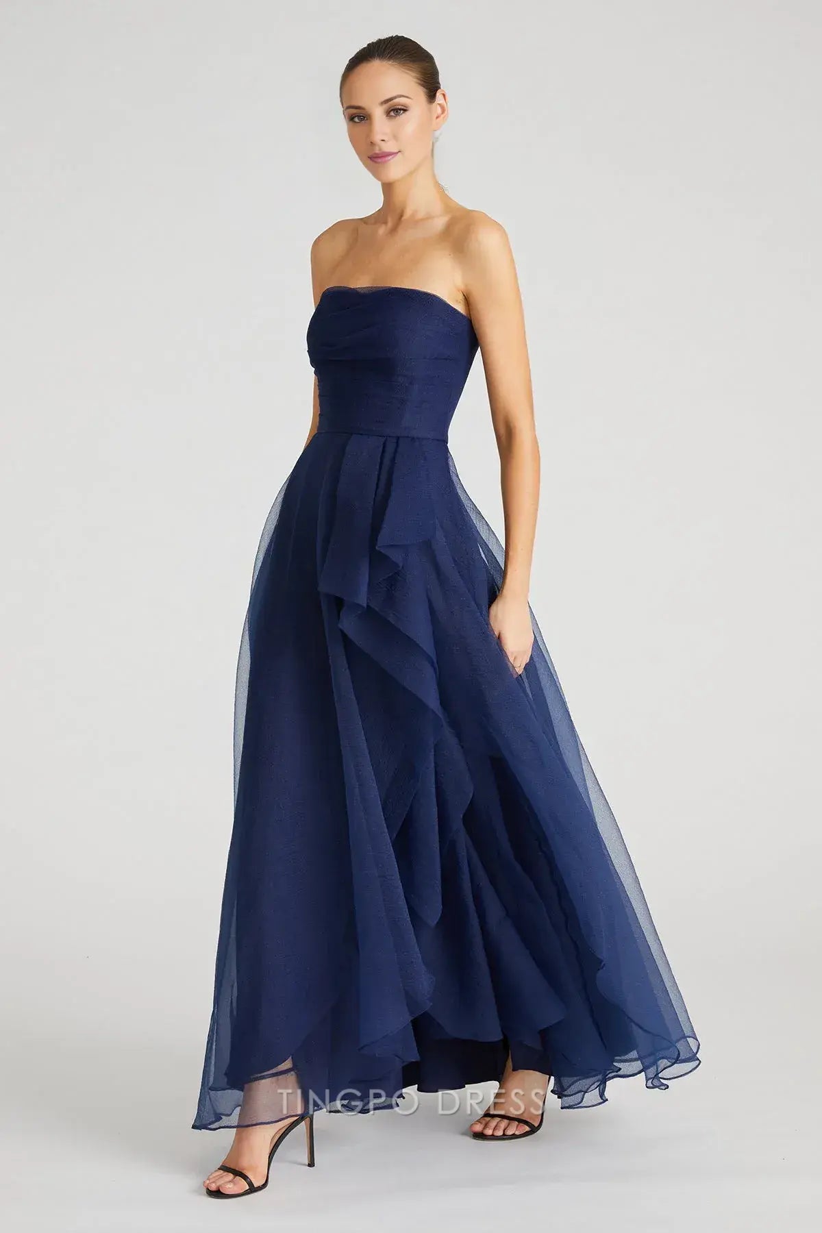 Elegant A-Line/Princess Strapless Draped Asymmetrical Ruffle Tulle Maxi Dress Prom Dress