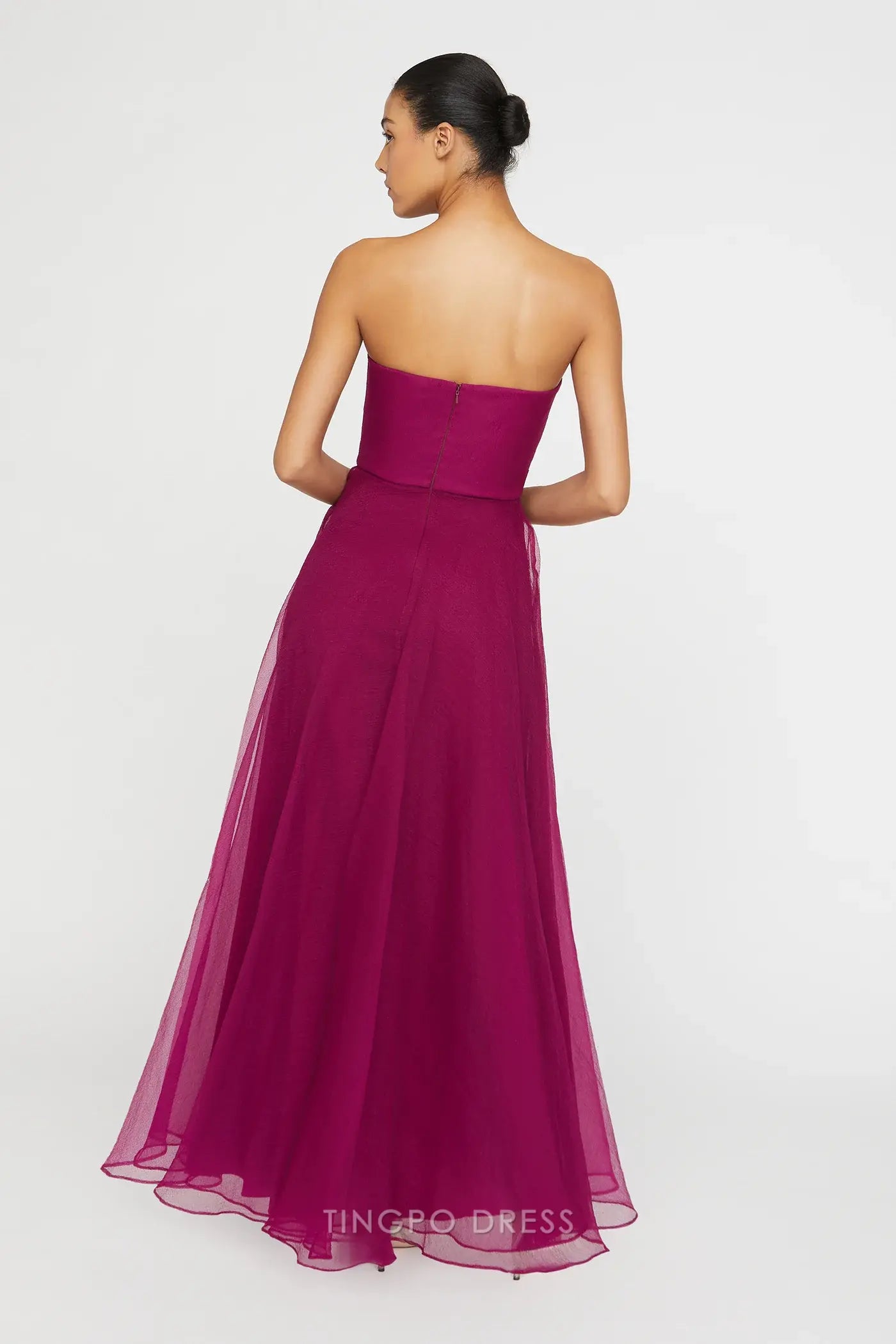 Elegant A-Line/Princess Strapless Ruffled Chiffon Maxi Dress with Slit Prom Dress
