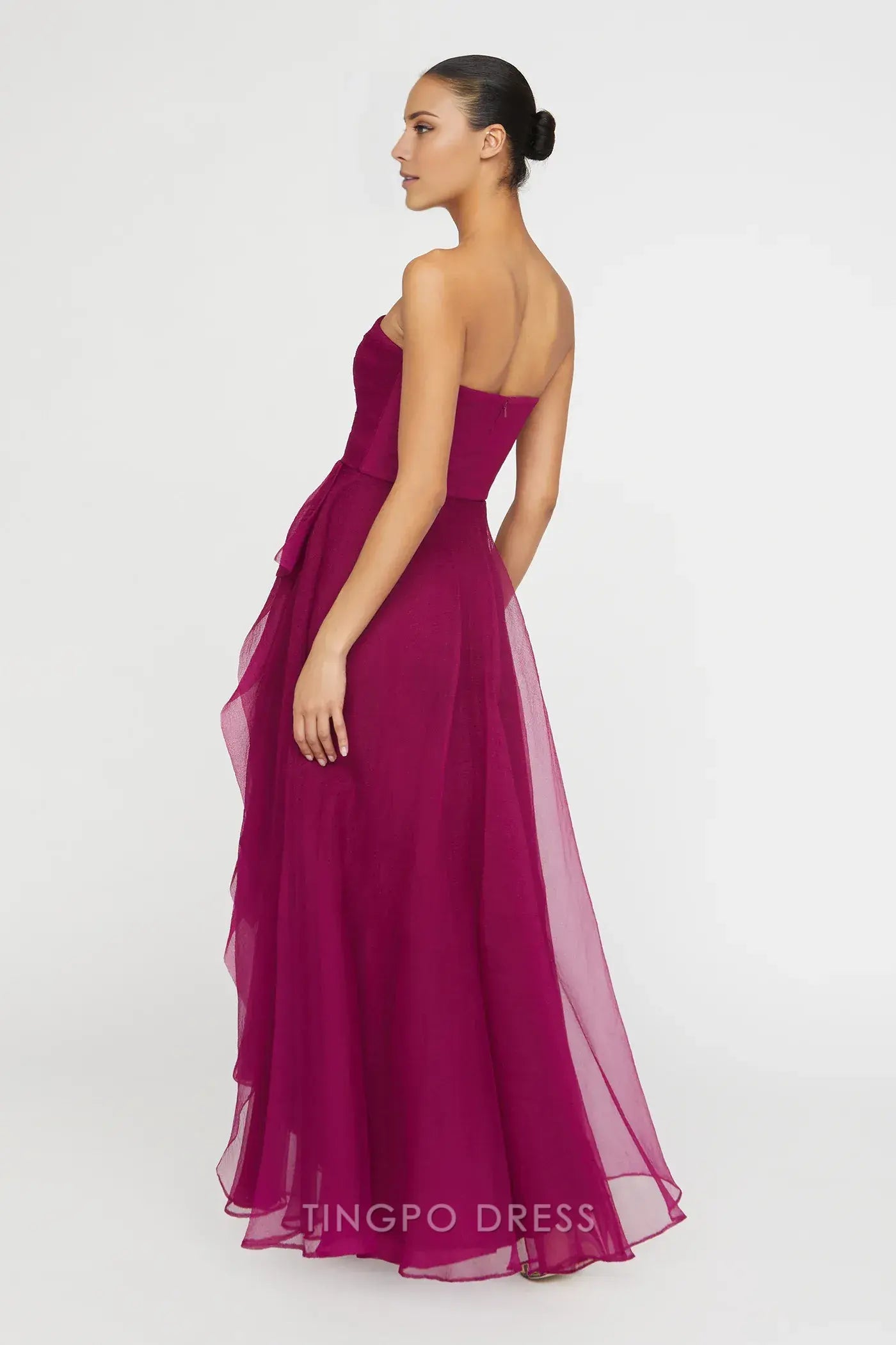 Elegant A-Line/Princess Strapless Ruffled Organza High Slit Maxi Dress Prom Dress