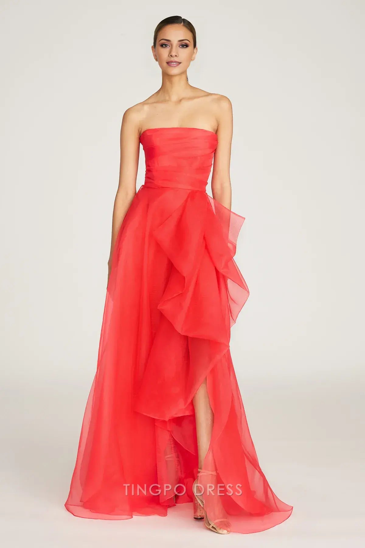 Elegant A-Line/Princess Strapless Ruffled Organza High Slit Maxi Dress Prom Dress