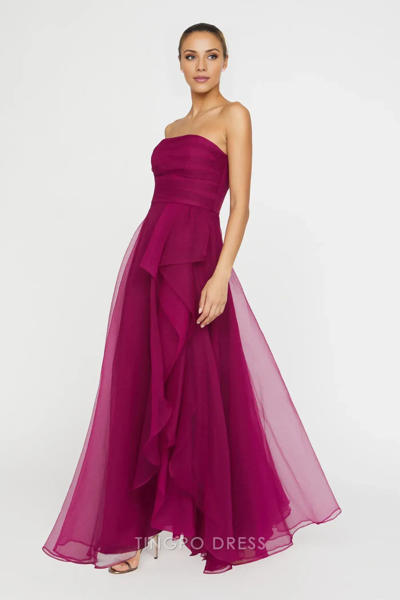 Elegant A-Line/Princess Strapless Ruffled Organza High Slit Maxi Dress Prom Dress