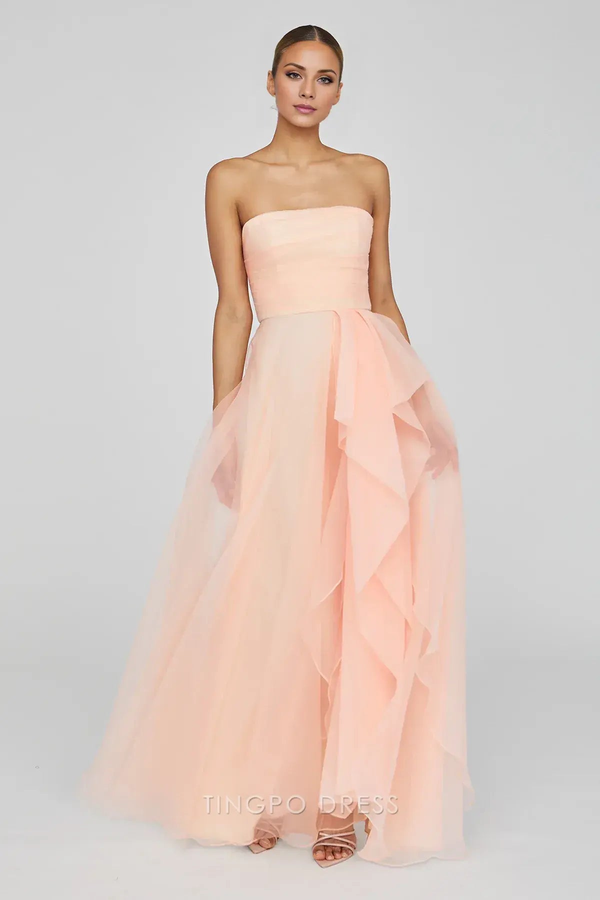 Elegant A-Line/Princess Strapless Ruffled Tulle High-Low Maxi Dress Prom Dress