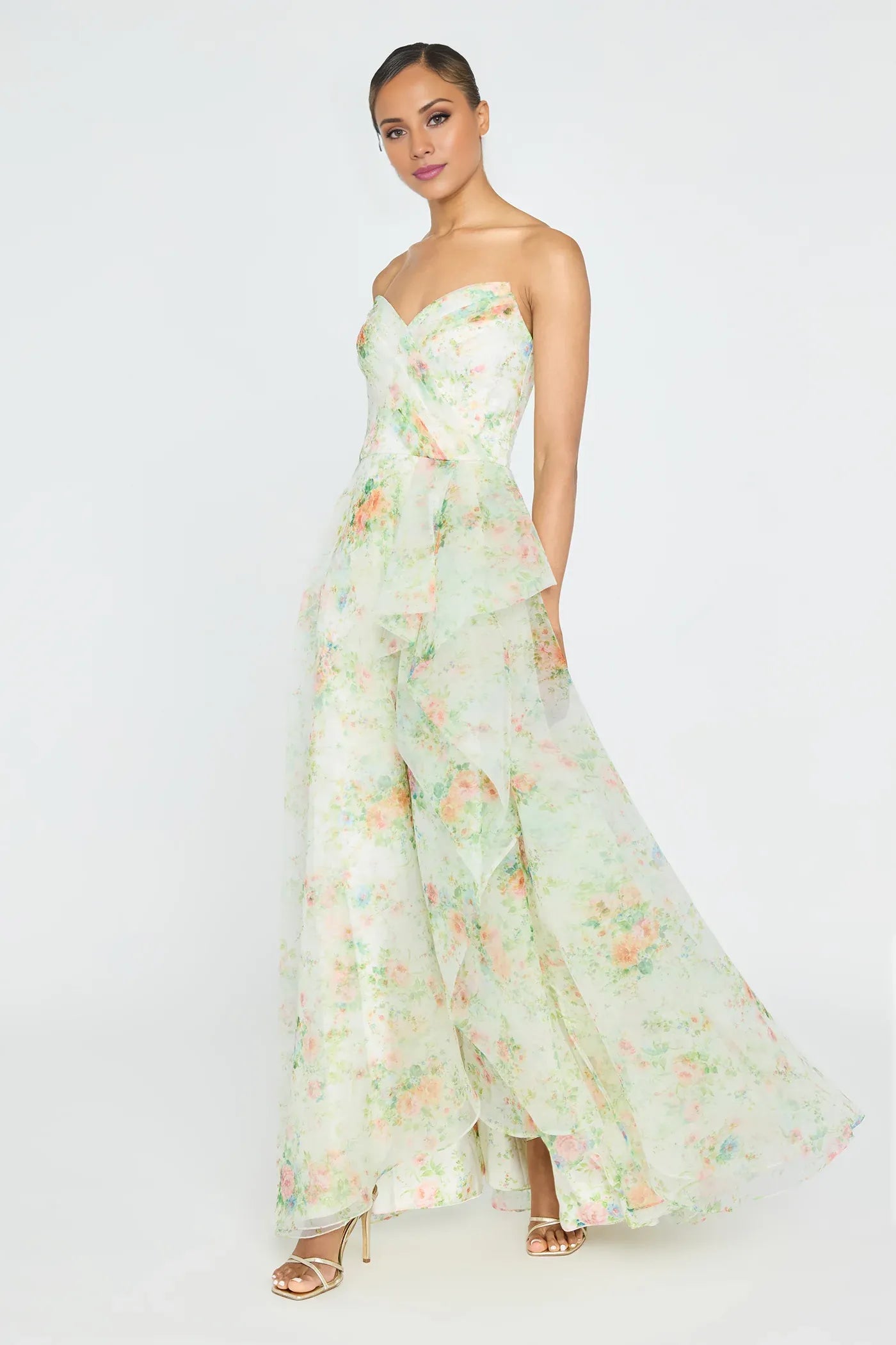 Elegant A-Line/Princess Strapless Sleeveless Floral Print Ruffled Tulle Maxi Dress Prom Dress