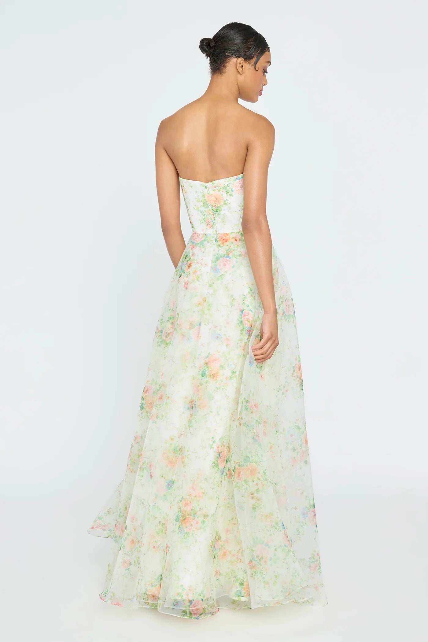 Elegant A-Line/Princess Strapless Sleeveless Floral Print Ruffled Tulle Maxi Dress Prom Dress