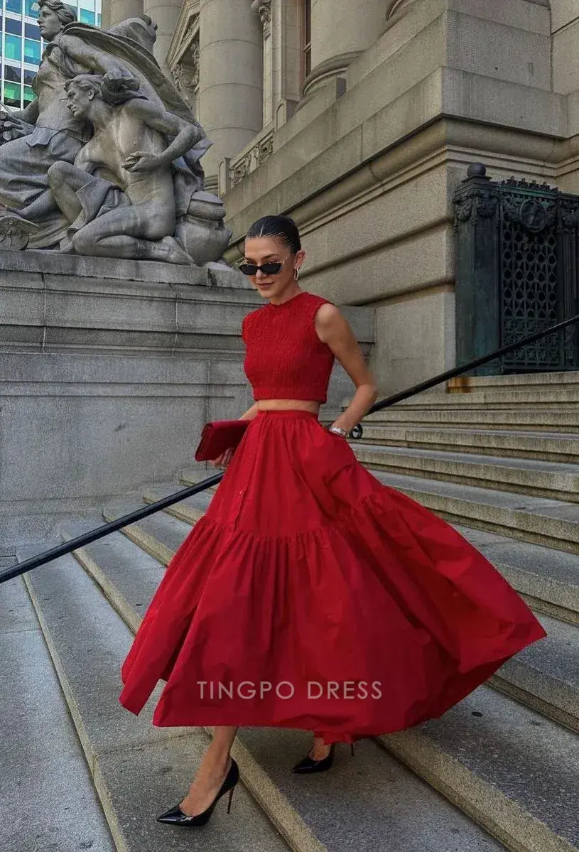 Elegant A-Line Red Sleeveless Crop Top and Tiered Midi Skirt Set Ankle-Length Prom Dress